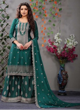 Green Color Chinnon Embroidered Palazzo Suit