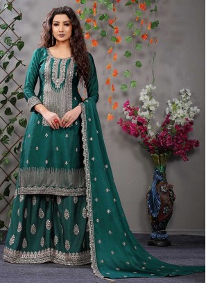 Green Color Chinnon Embroidered Palazzo Suit