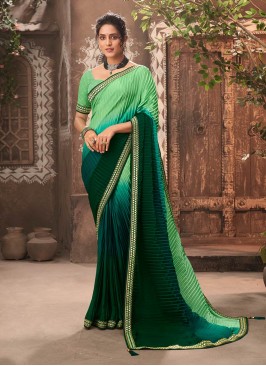 Green Color Chinon Embroidered Border Saree