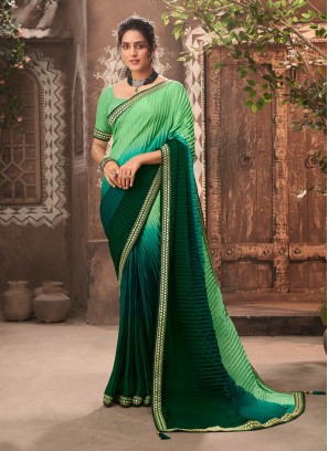 Green Color Chinon Embroidered Border Saree