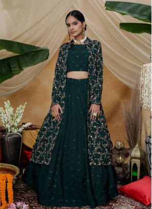 Green Color Chinon Koti Lehenga Choli