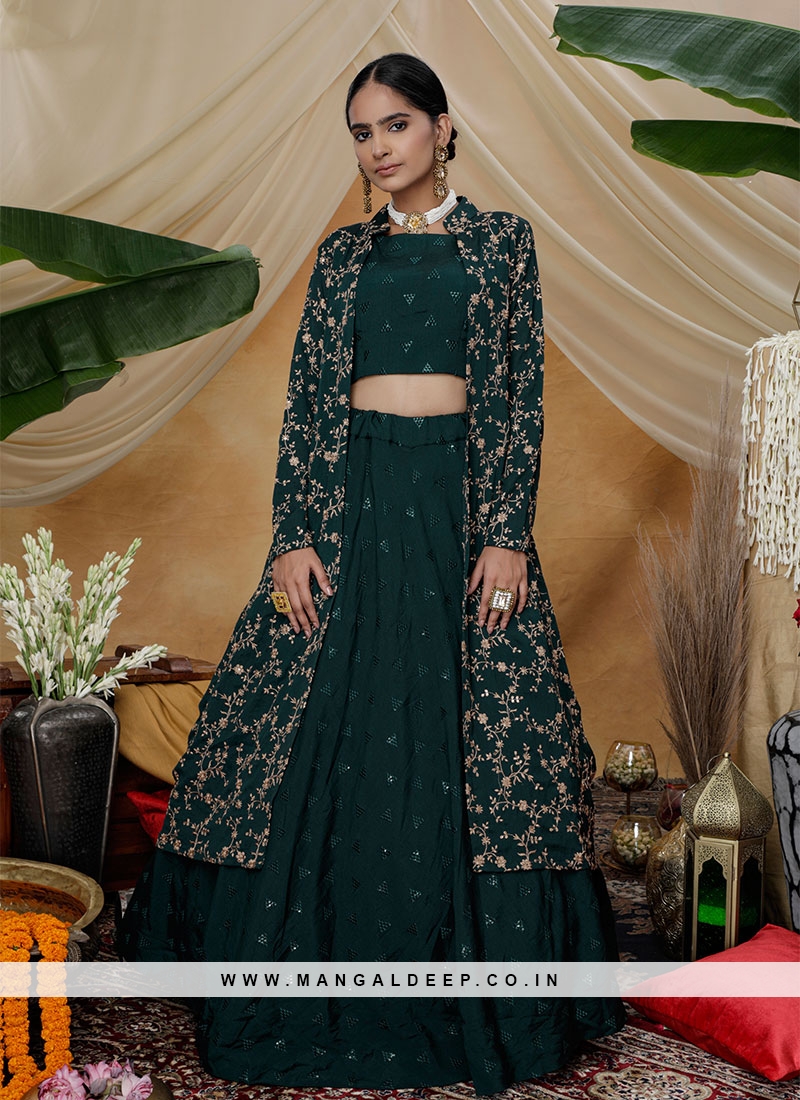 green color chinon koti lehenga choli 35659