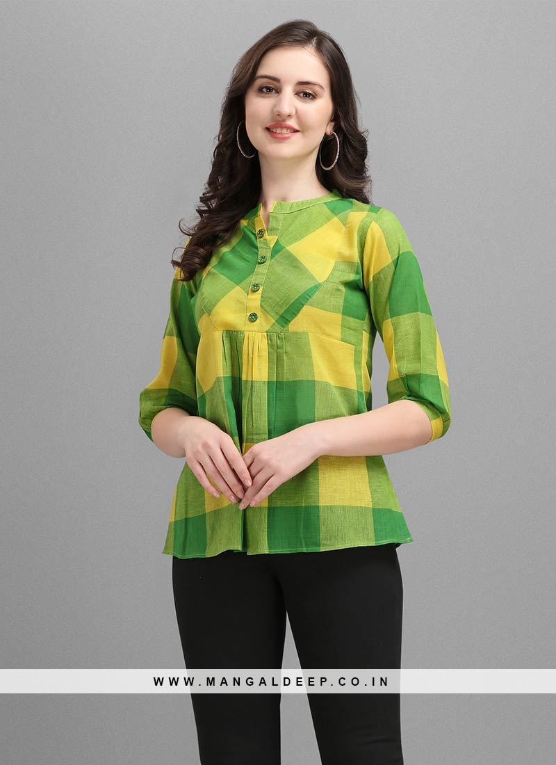 Green Color Cotton Checks Pattern Tunic Top