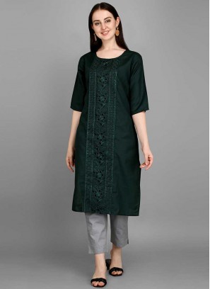 Green Color Cotton Embroidered Kurti