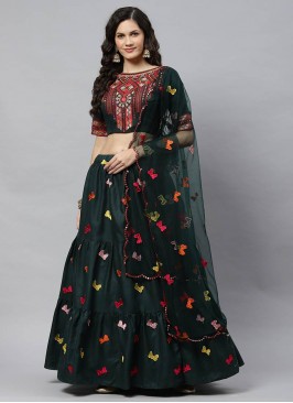 Green Color Cotton Embroidered Party Wear Lehenga