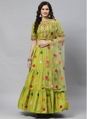 Green Color Cotton Embroidered Party Wear Lehenga