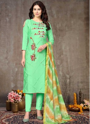 Green Color Cotton Embroidered Suit