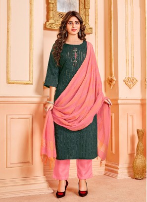 Green Color Cotton Hand Work Readymade Suit