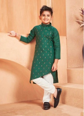 Green Color Cotton Kids Kurta