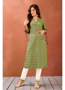 Green Color Cotton Kurti Set