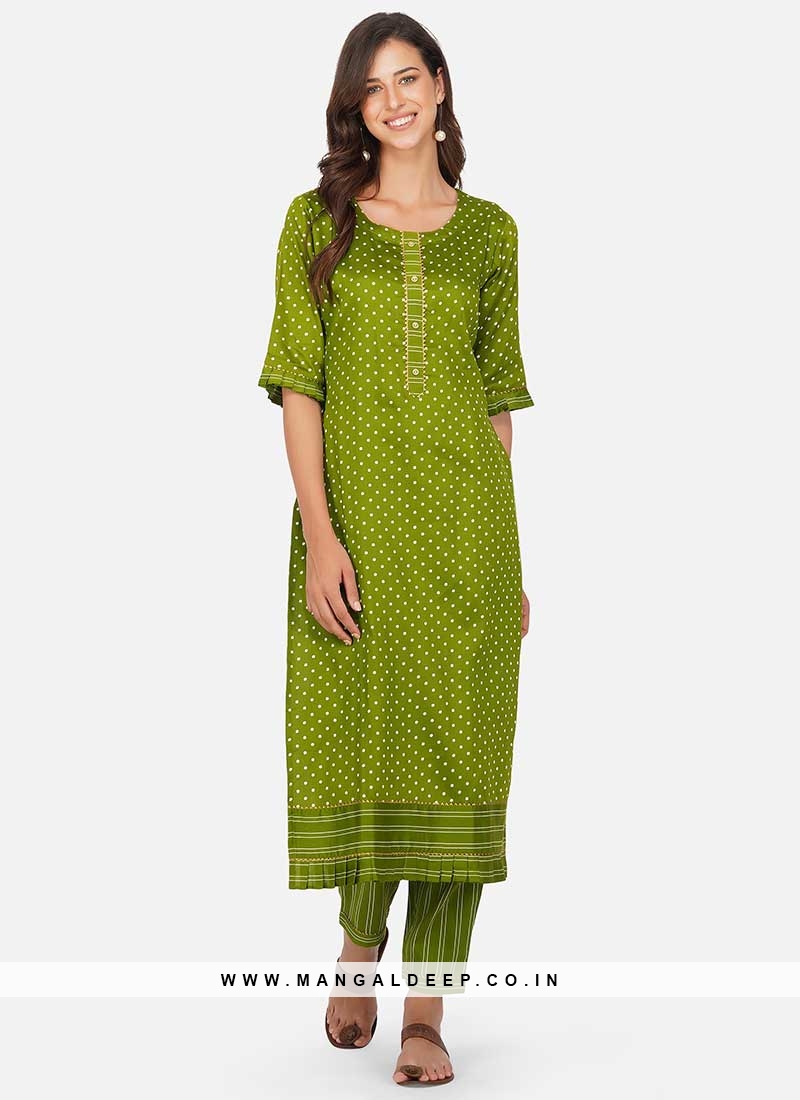 Party Wear Printed Pastel Green Cotton Kurti with Palazzo