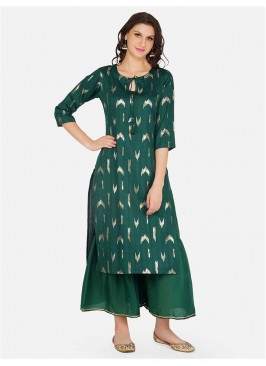 Green Color Cotton Kurti With Bottom