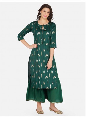 Green Color Cotton Kurti With Bottom