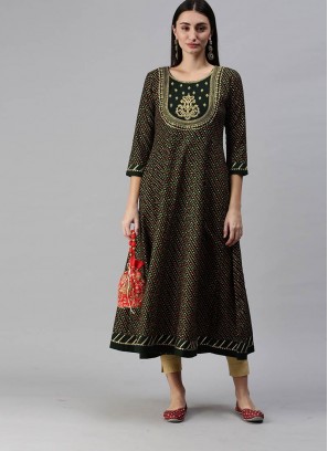 Green Color Cotton Printed Long Kurti