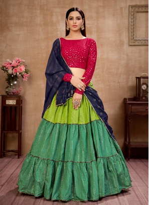 Green Color Cotton Sequins Work Lehenga