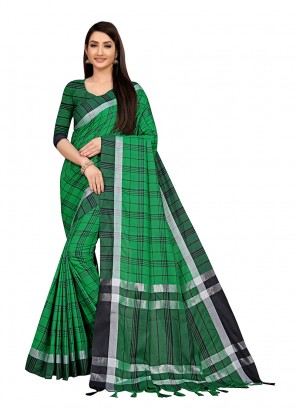 Green Color Cotton Silk Checks Pattern Saree