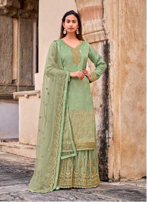 Green Color Dola Jacquard Suit For Ladies