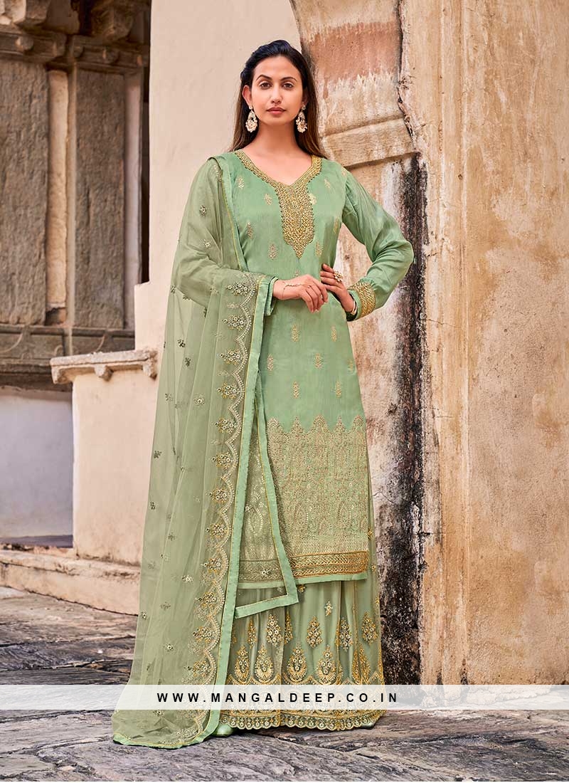 Green Color Dola Jacquard Suit For Ladies