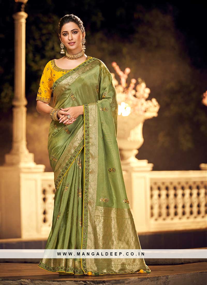 Green Color Dola Silk Wedding Wear Saree