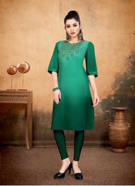 Green Color Embroidered Cotton Kurti