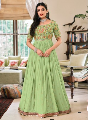 Green Color Embroidered Georgette Readymade Suit