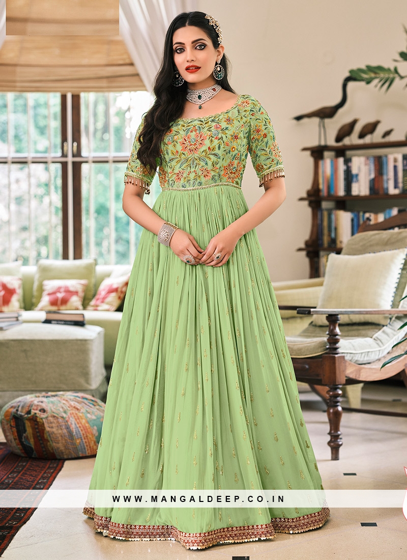 Green Color Embroidered Georgette Readymade Suit