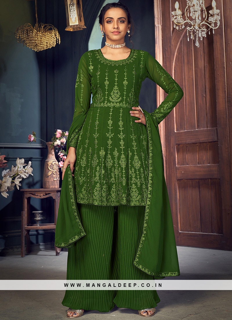 Green Color Embroidered Georgette Sharara Suit