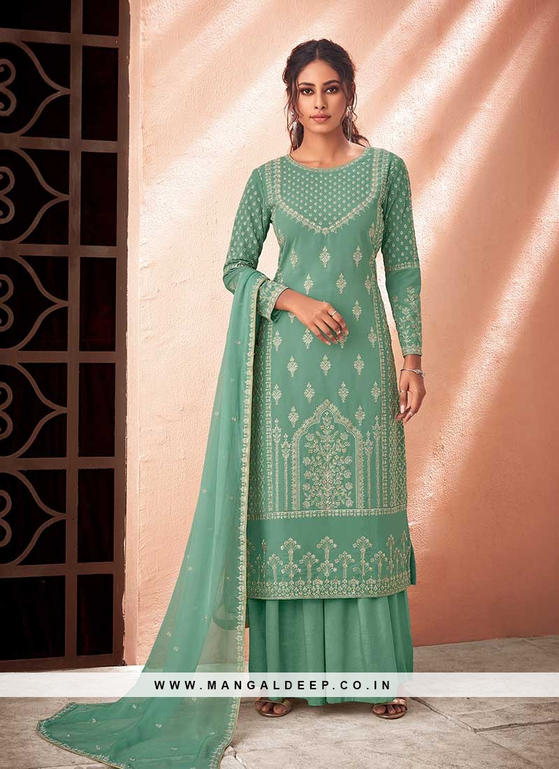 Green Color Embroidered Muslin Suit