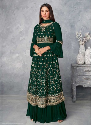 Green Color Embroidered Plazzo Suit