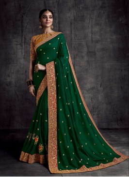Green Color Embroidered Silk Saree