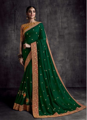Green Color Embroidered Silk Saree