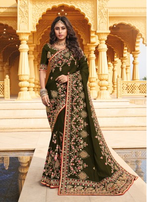 Green Color Embroidered Wedding Wear Silk Saree