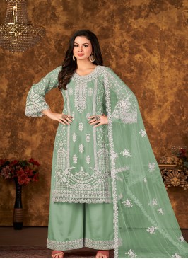 Green Color Embroidered work Net Semi Stitched  Suit
