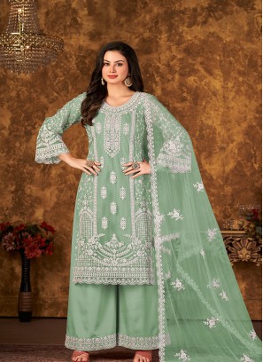 Green Color Embroidered work Net Semi Stitched  Suit