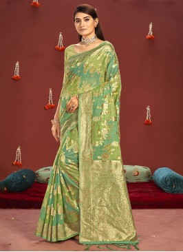 Green Color Festive Function Wear Woven Saree