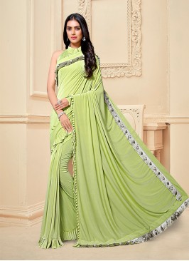 Green Color Frill Fancy Fabric Saree