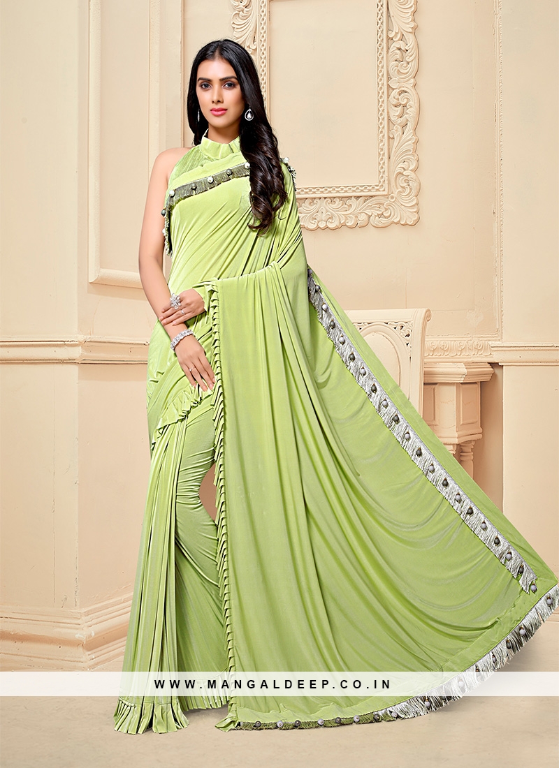 Green Color Frill Fancy Fabric Saree