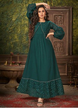 Green Color Georegtte Festive Wear Gown