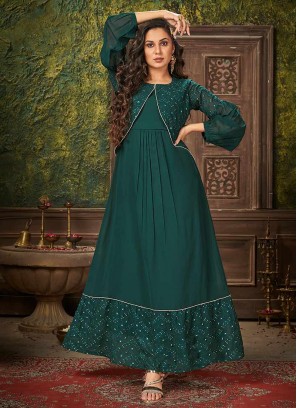 Green Color Georegtte Festive Wear Gown