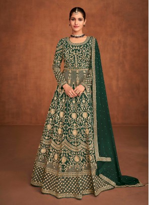 Green Color Georgette Embroidered Long Dress