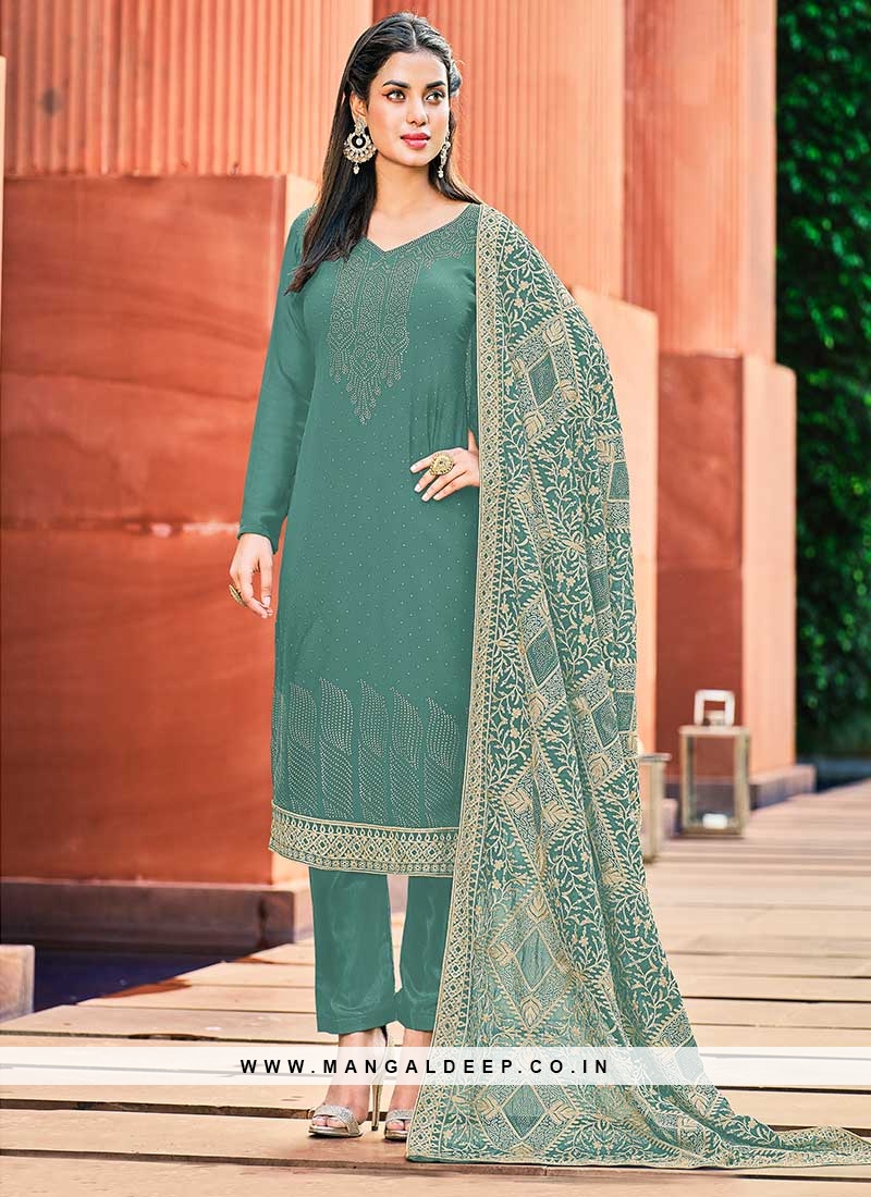 Turquoise Cotton Ceremonial Churidar Salwar Kameez