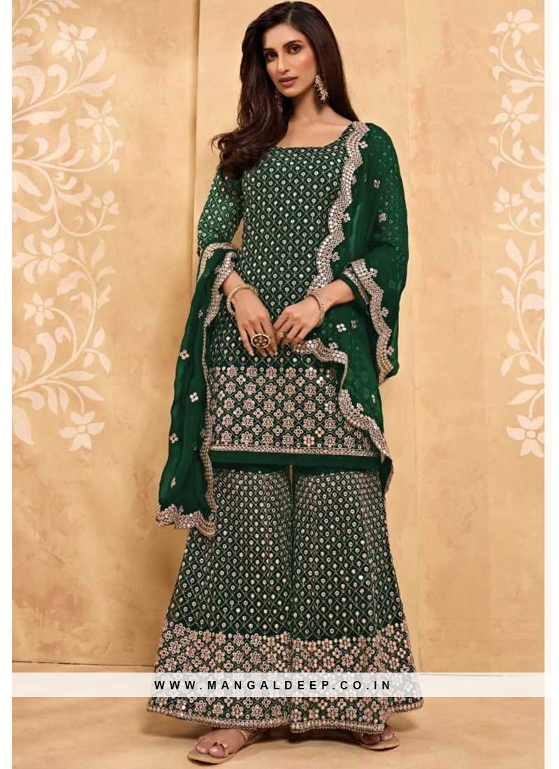 Green Color Georgette Embroidered Sharara Dress