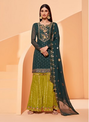 Green Color Georgette Embroidered Sharara Dress