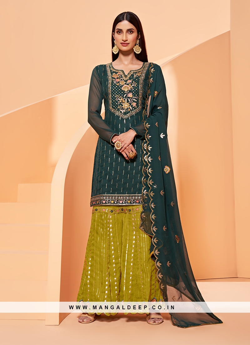 Green Color Georgette Embroidered Sharara Dress