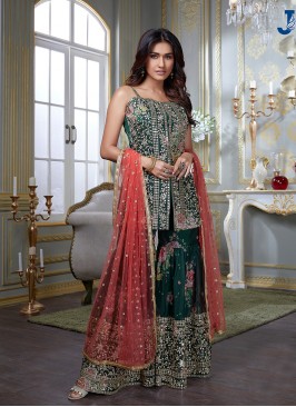 Green Color Georgette Embroidered Sharara Dress