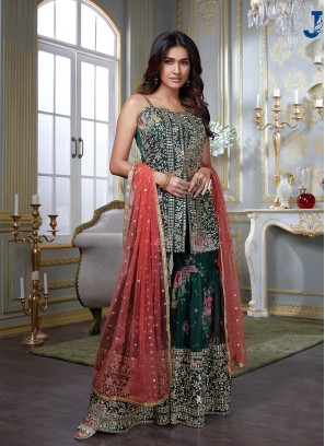 Green Color Georgette Embroidered Sharara Dress