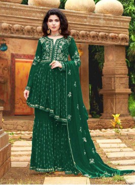 Green Color Georgette Embroidered Sharara Suit