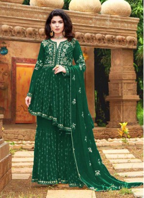 Green Color Georgette Embroidered Sharara Suit