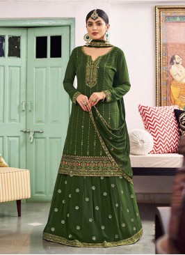 Green Color Georgette Embroidered Suit With Lehenga