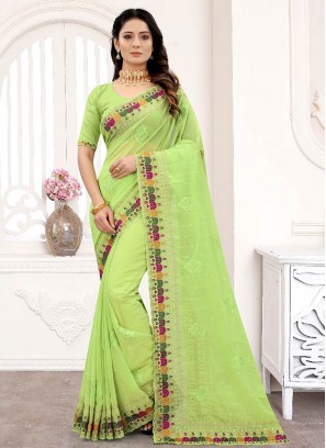 Green Color Georgette Embroidered Work Saree
